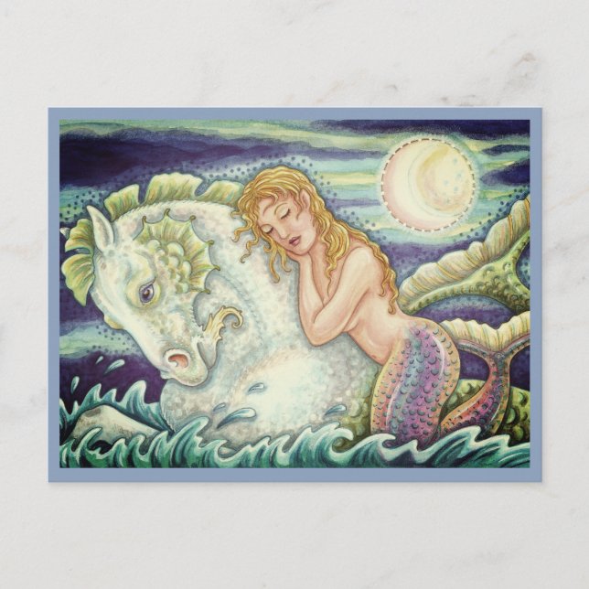 CARTÃO POSTAL FANTASIA FANTASY MERMAID RIDING MERHORSE, SEAHORSE (Frente)