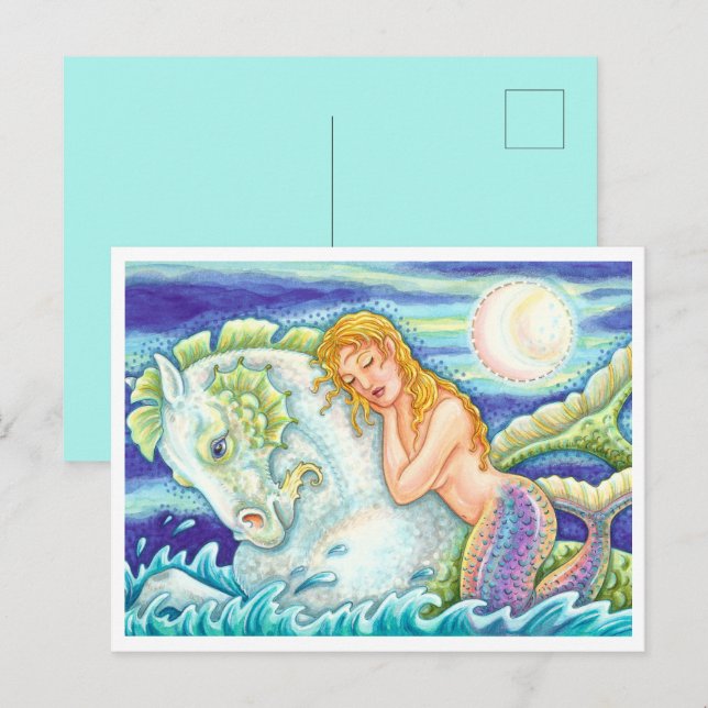 CARTÃO POSTAL FANTASIA FANTASY MERMAID RIDING MERHORSE, SEAHORSE (Frente/Verso)