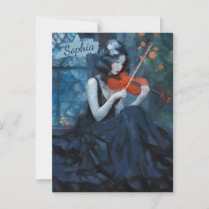 Cartão Postal Fantasia Gótica Violinista Escuro no Jardim da Lua
