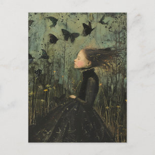 Cartão Postal Fantasia Negra de Menina e Borboletas