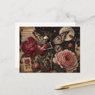 Cartão Postal Fantasia Sombria Fada Esqueleto e Flores de Peônia