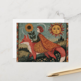 Cartão Postal Fantasia Surreal Adorável Mulher e Sua Raposa Verm