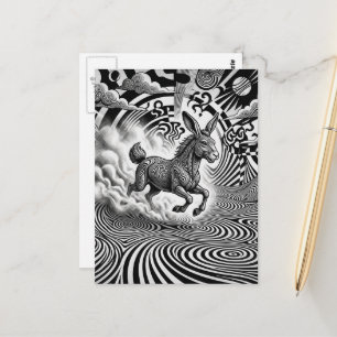 Cartão Postal Fantasia Surrealista em Preto e Branco de Coelho C