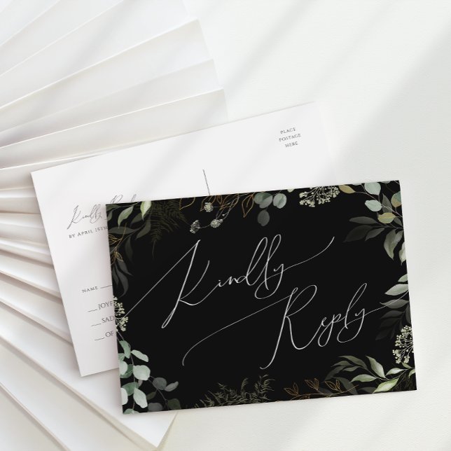 Cartão Postal Fantasia Verde Preto e Dourado Casamento RSVP (Criador carregado)
