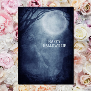 Cartão Postal Fantasma Assustador de Halloween Lua Cheia à Noite