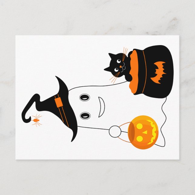 Cartão Postal Fantasma bonito com gato preto celebra o halloween (Frente)