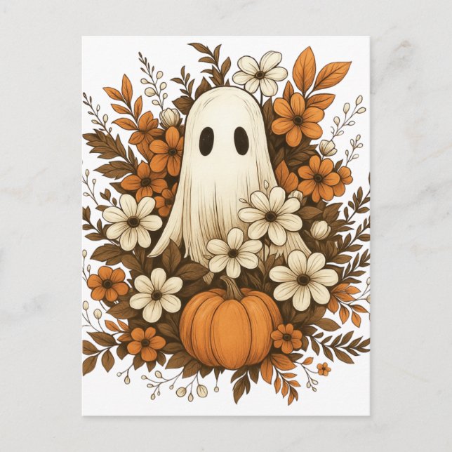 Cartão Postal Fantasma Bonito Com Pumpkin E Flores De Queda - Ha (Frente)