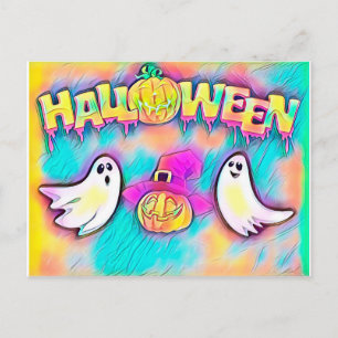 Cartão Postal Fantasma Colorido de Halloween e Abóboras