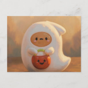 Cartão Postal Fantasma com balde de abóbora halloween