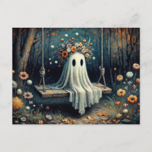Cartão Postal Fantasma Cuta Whimsical com Coroa Floral em Swing
