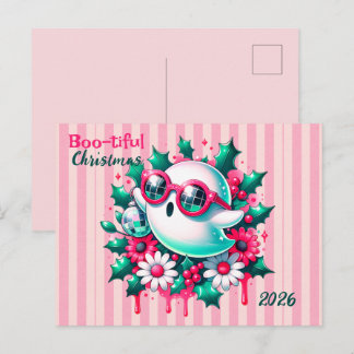 Cartão Postal Fantasma de Bola de Discoteca Floral Rosa de Natal