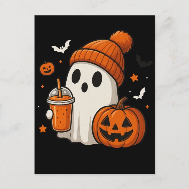 Cartão Postal Fantasma de Halloween Fofo com Abóbora e Bebida  (Frente)