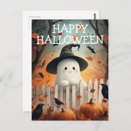 Cartão Postal Fantasma de Halloween Fofo com Abóboras e Corvos