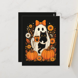Cartão Postal Fantasma de Halloween Groovy segurando Floral de G