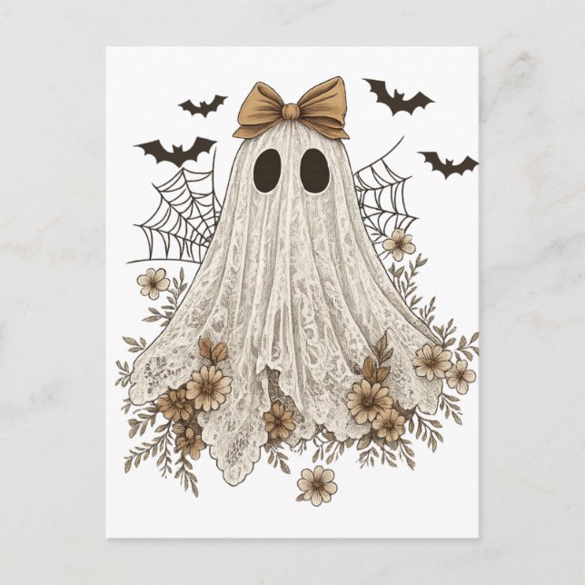 Cartão Postal Fantasma de Renda Elegante com Laço | Fantasma Flo (Frente)
