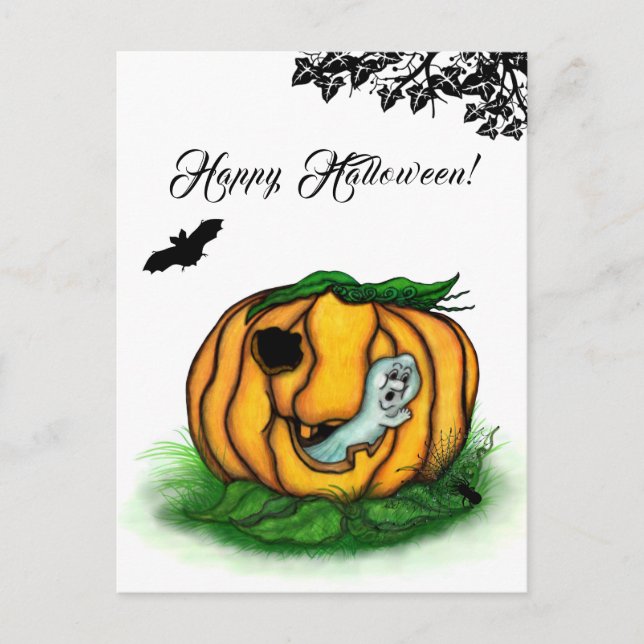 Cartão Postal Fantasma do Halloween, Bat, Ghost e Spider (Frente)