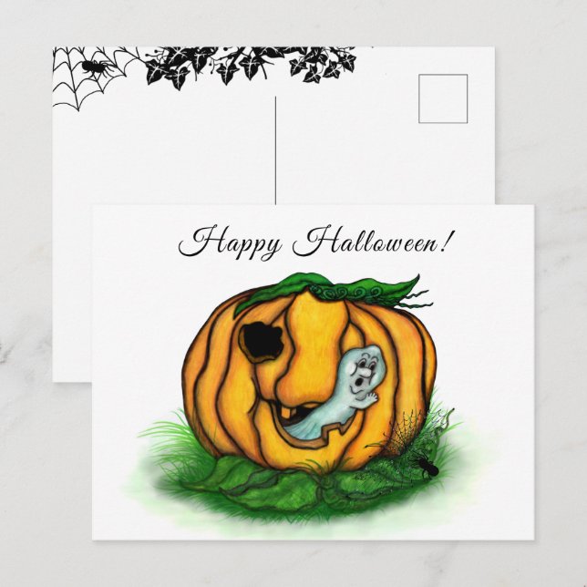 Cartão Postal Fantasma do Halloween, Bat, Ghost e Spider (Frente/Verso)