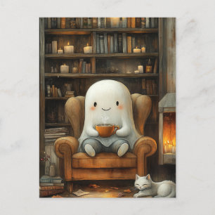 Cartão Postal Fantasma e Gato na Biblioteca com Café