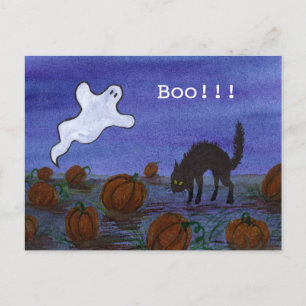 Cartão Postal Fantasma e Gato Negro no Patch de Abóbora