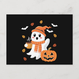 Cartão Postal Fantasma Fofo Bebendo Café Gelado Halloween