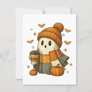 Cartão Postal Fantasma Fofo Bebendo Café Halloween