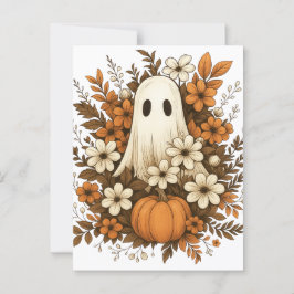 Cartão Postal Fantasma Fofo Com Abóbora E Flores De Outono – Hal