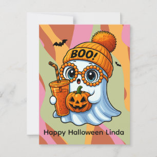 Cartão Postal Fantasma Fofo de Halloween Rosa Laranja