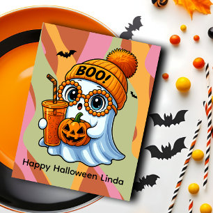 Cartão Postal Fantasma Fofo de Halloween Rosa Laranja