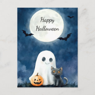 Cartão Postal Fantasma Fofo e Halloween de Gato Preto