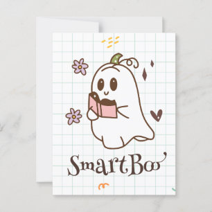 Cartão Postal fantasma kawaii lendo um livro, fofo assustador ha