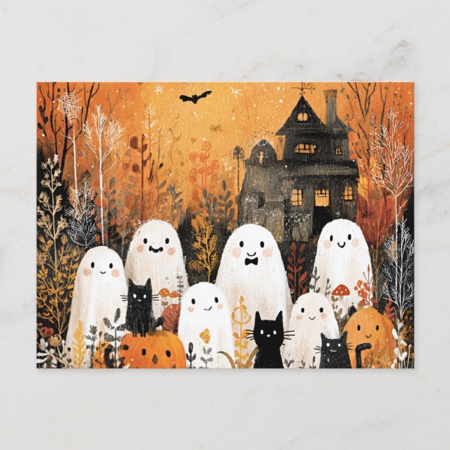 Cartão Postal Fantasmas do Halloween, gatos pretos e morcegos, (Frente)