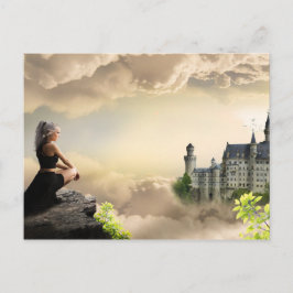 Cartão Postal Fantasy Art Girl Ignorando Castelo Nas Nuvens