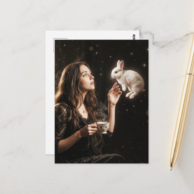 Cartão Postal Fantasy Art Surreal Tea Time With White Rabbit  (Frente/Verso In Situ)