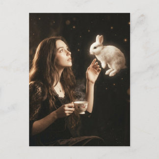 Cartão Postal Fantasy Art Surreal Tea With White Rabbit 