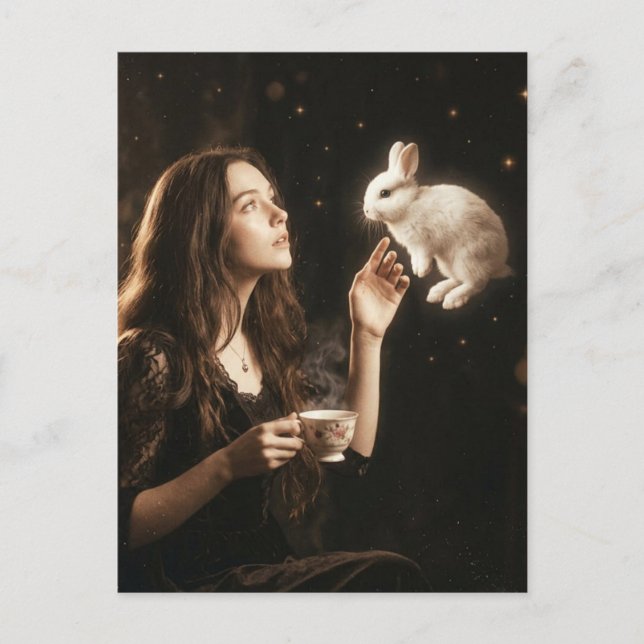 Cartão Postal Fantasy Art Surreal Tea With White Rabbit  (Frente)