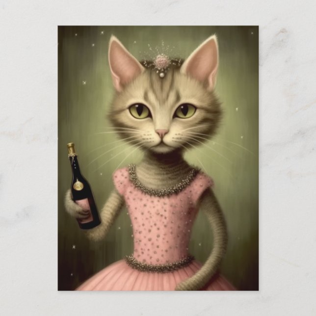 Cartão Postal Fantasy Ballerina Cat Champagne Rosa (Frente)