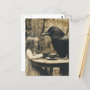 Cartão Postal Fantasy Child and Raven Tea Party in Sepia