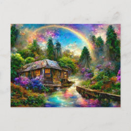 Cartão Postal Fantasy Cottage mit Regenbogen und Blumen
