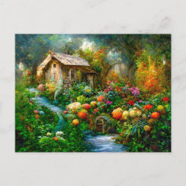 Cartão Postal Fantasy Cottage mit üppigem Garten voller Blumen.