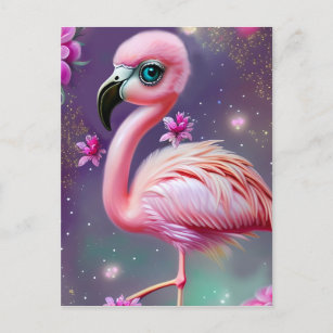 Cartão Postal Fantasy Cute Kawaii baby flamingo