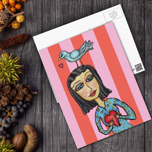 Cartão Postal Fantasy Folk Art Lady Bluebird Hearts Love (Lady holding red heart with bluebird standing on her head on pink red striped postcard.)