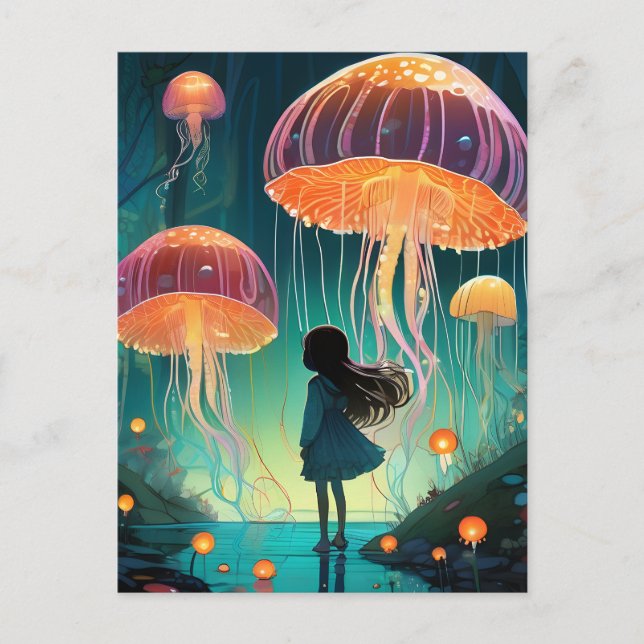 Cartão Postal Fantasy Girl and Jellyfish Floating in the Sky (Frente)