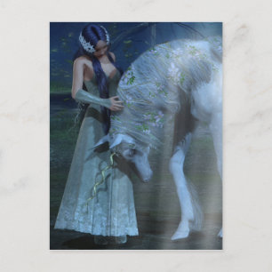 Cartão Postal Fantasy Girl and Unicorn in Moonlight