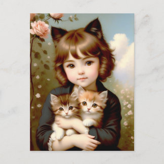 Cartão Postal Fantasy Girl with Kittens - Vintage Painting