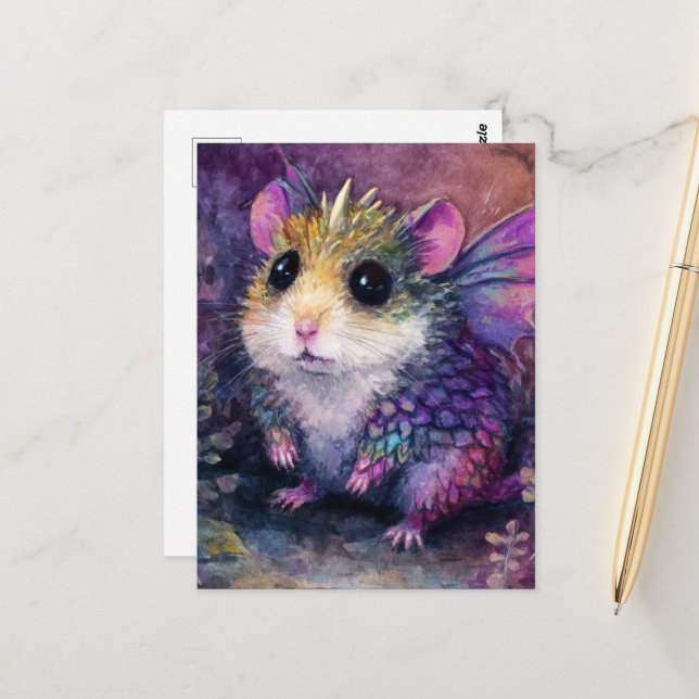 Cartão Postal Fantasy Hamster Dragon Watercolor (Frente/Verso In Situ)