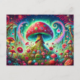Cartão Postal Fantasy Mushroom Forest Bright Psychedelic Colors