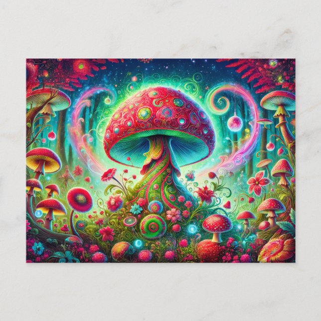 Cartão Postal Fantasy Mushroom Forest Bright Psychedelic Colors (Frente)