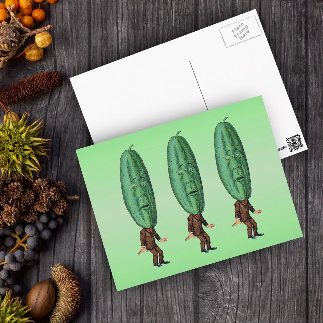 Cartão Postal Fantasy Pickle Man Brown Suit (Three funny men in suits with big green pickle heads with faces on green postcard.)