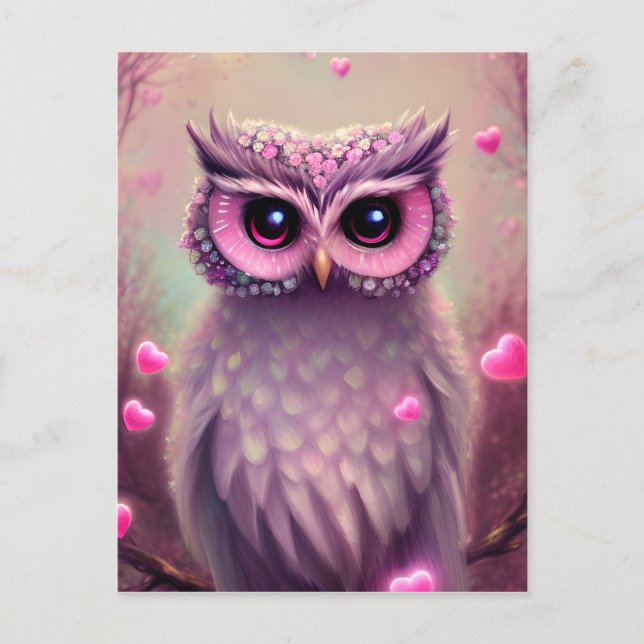 Cartão Postal Fantasy Pink Fluffy Kawaii Owl (Frente)
