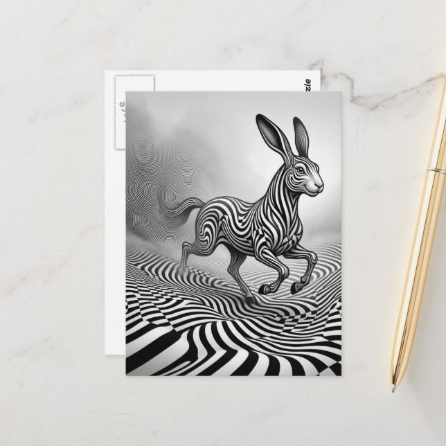 Cartão Postal Fantasy Rabbit Horse Critter Black an White Op art (Frente/Verso In Situ)
